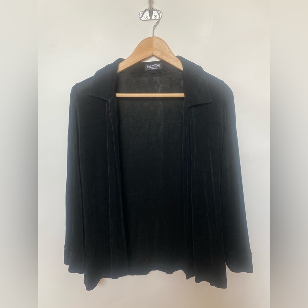 Vtg Mark Singer Softwear 90s Black Jersey Cardigan Knit Open Front Medium Petite